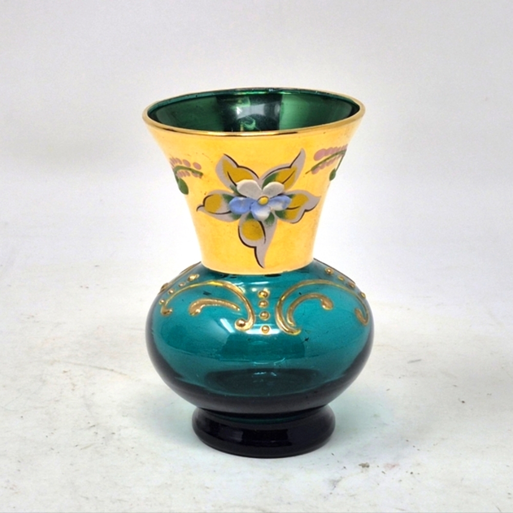 Vintage Small Hand Painted Turquoise And Gold Vase With Flower